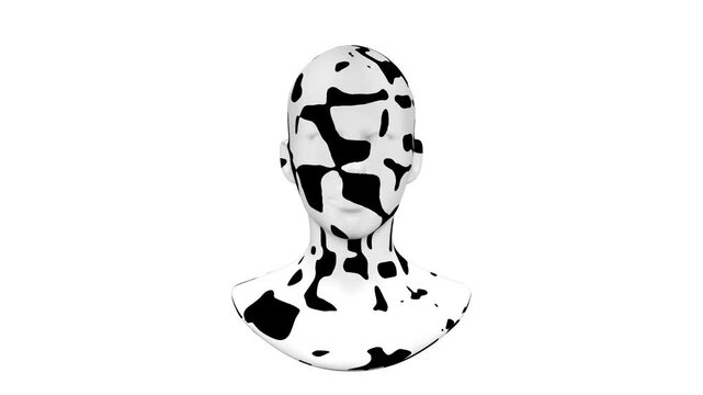 Abstract head in black and white uid
blots on a white background. Big data
articial intelligence or cyber security
concept. 3D loop animation.