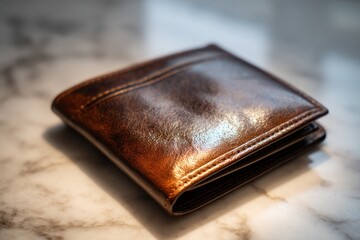 Elegant leather wallet on marble surface, perfect for financial planning and luxury