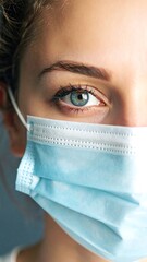 Close-up of a woman wearing a light blue medical mask