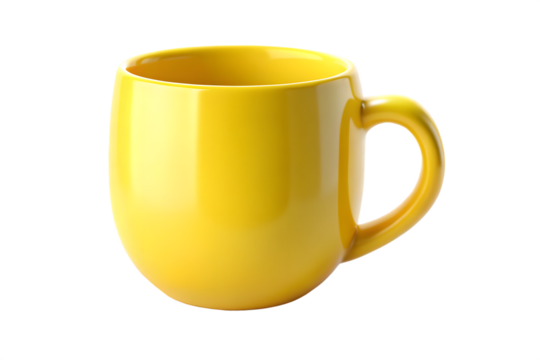A bright yellow ceramic mug isolated on a transparent background, perfect for enjoying hot or cold beverages like coffee or tea