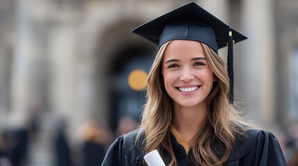 Confident young woman in graduation cap smiling outdoors on sunny day celebrating academic achievement