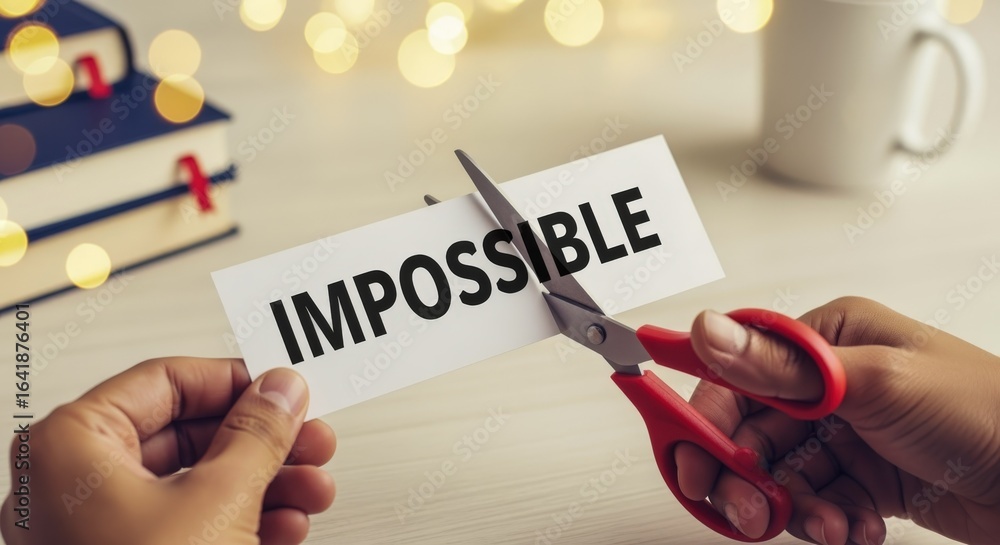 Poster transforming impossible to possible: hands cutting paper with scissors, symbolizing motivation and d