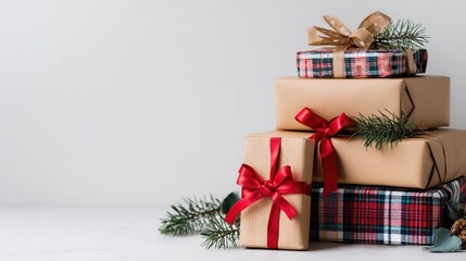 Stack of beautifully wrapped Christmas gifts with red bows and pine branches on white background