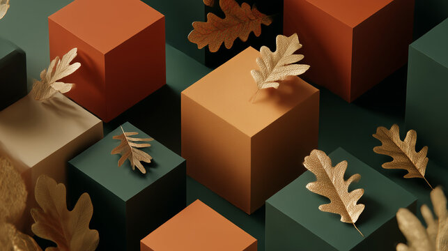 Colorful geometric blocks in shades of green, orange, and cream, adorned with golden oak leaves, creating a modern autumn-themed arrangement.