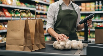 Supermarket checkout scene featuring cashier scanning mushrooms with paper bags
