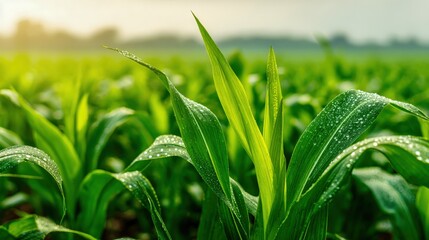 Obraz premium Vibrant Cornfield Seedlings Sprout with Dew Drops in the Morning Sunlight: Agriculture, Cultivation and Growth