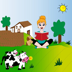 Paisaje de campo con mujer joven leyendo un libro.