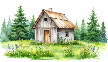 Watercolor cabin in a meadow (1)