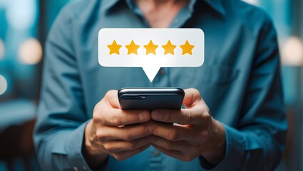 close up Man hand using smartphone with popup five star icon for feedback review satisfaction service, Customer service experience and business satisfaction survey...