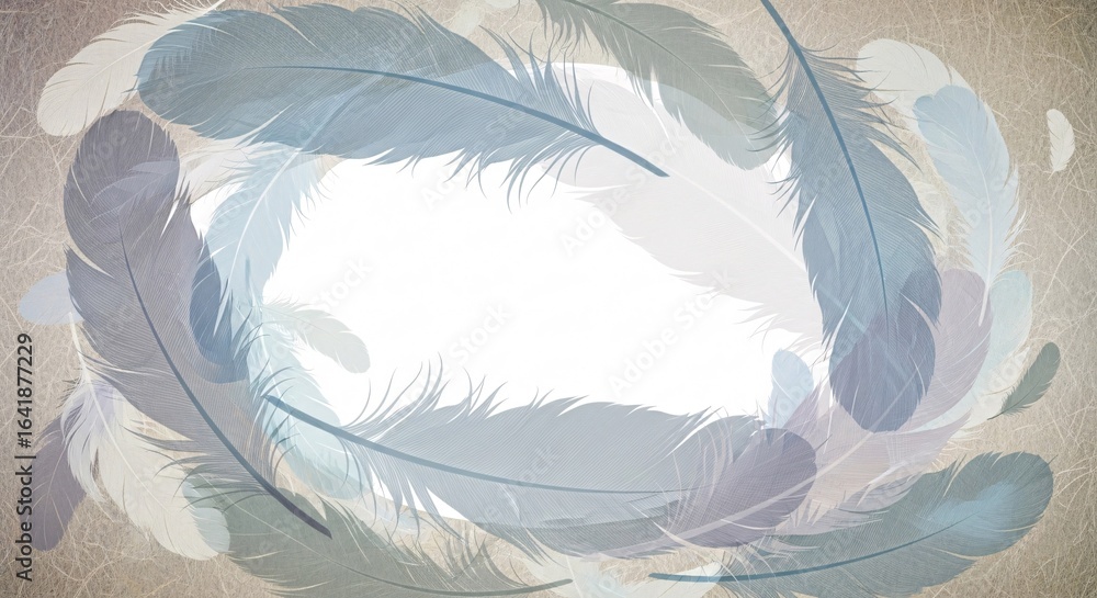 Poster soft feathers arranged in a circular frame with subtle textured background and central white copy sp