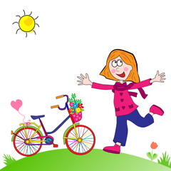 Paisaje con niña feliz y bicicleta.