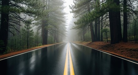 Empty road through a foggy forest with tall pine trees