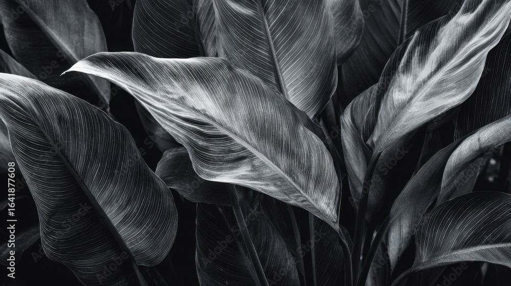 Poster large, glossy leaves are prominently displayed in a beautifully contrasting monochrome setting. the 