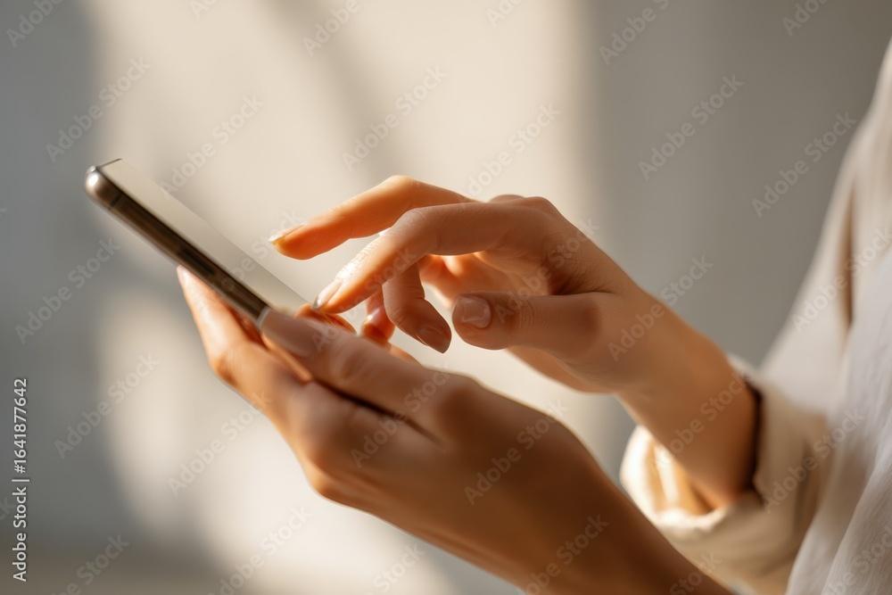 Poster close-up of woman's hands using smartphone for communication, mobile applications and internet brows