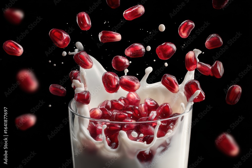 Poster pomegranate seeds splash into milk creating a vibrant explosion of color and texture in a glass