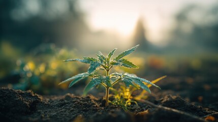 A small cannabis seedling emerges from the rich soil, bathed in warm sunlight. Dew drops glisten on its leaves as the garden shows signs of life in the morning light.