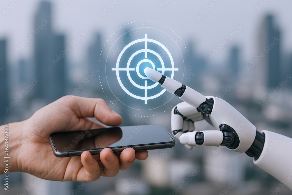 Aufkleber robot hand interacting with mobile device targeting system, representing ai technology and automatio
