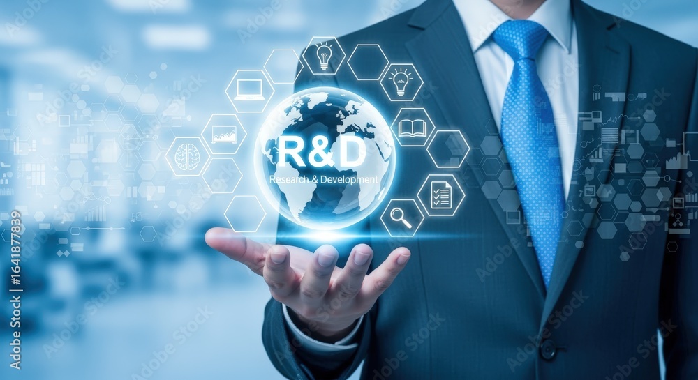 Poster research and development concept: businessman presenting r&d innovation with technological icons and