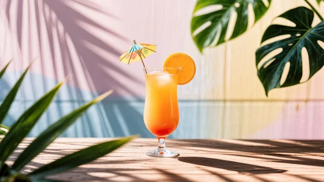 Elegant Summer Drink with Leaf Shadows and Warm Light