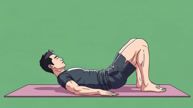 A man in dark clothes on a pink mat performing a glute bridge exercise on a green background