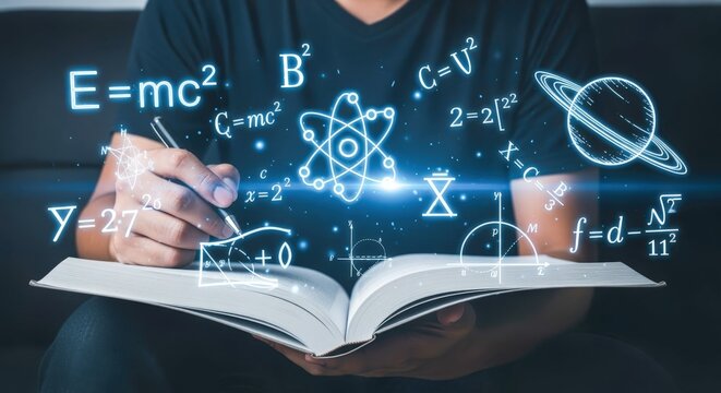 Conceptual depiction of scientific study with formulas, a person with open book and pen engaged in learning