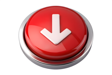 A glossy red round button with a white downward arrow symbol, isolated on a transparent background, representing download or action