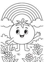 Coloring book page of a tomato standing under a rainbow in a garden.