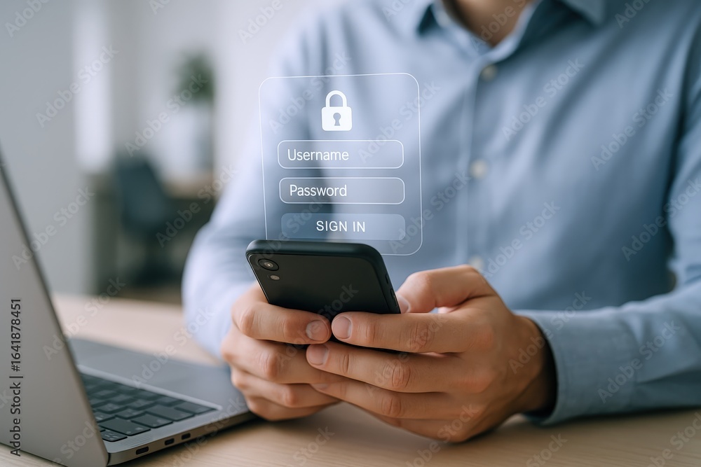 Poster secure online account access on mobile device with laptop, ensuring data protection and privacy