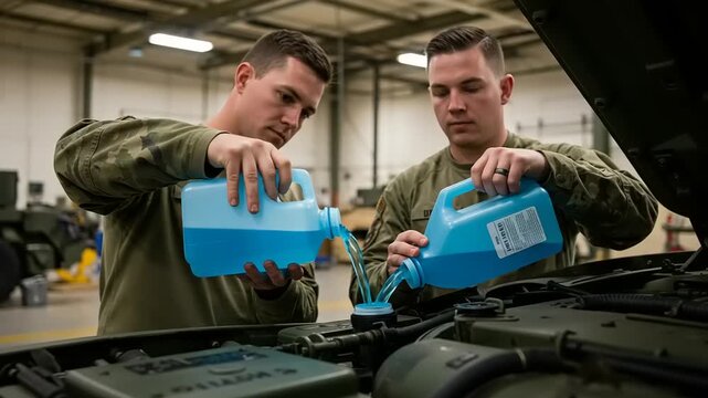 Individuals pouring coolant into a vehicle engine.