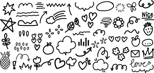 Playful hand-drawn doodle set with hearts, arrows, stars, flowers, clouds, and fun shapes in black outline. Perfect for creative designs, planners, stickers, invitations, and modern digital art.