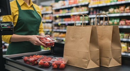 Grocery store checkout with cashier scanning strawberries and paper bags ready