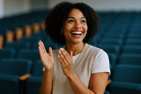 Cheerful young woman applauding enthusiastically in an auditorium, conveying excitement and appreciation
