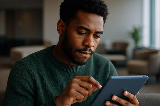Focused african-american man using digital tablet in modern office setting for work and communication