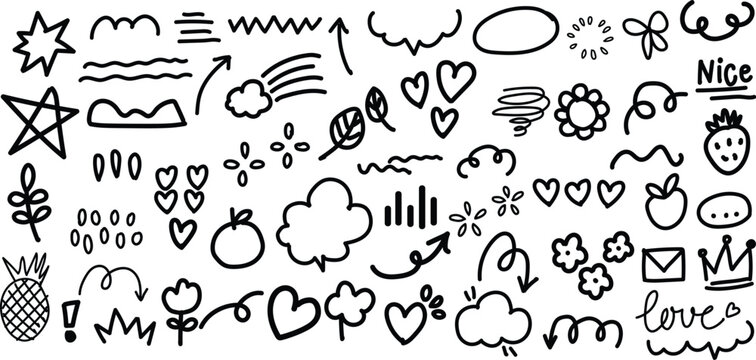 Playful hand-drawn doodle set with hearts, arrows, stars, flowers, clouds, and fun shapes in black outline. Perfect for creative designs, planners, stickers, invitations, and modern digital art.