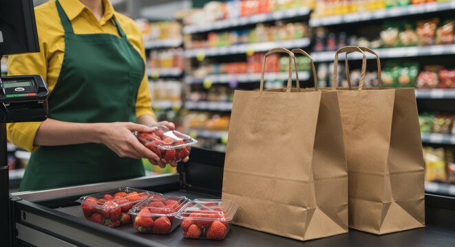 Grocery store checkout with cashier scanning strawberries and paper bags ready