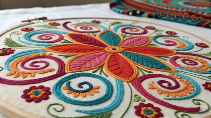 Colorful circular textile pattern with embroidered details. AI GENERATED.
