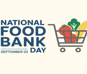 National Food Bank Day logo with shopping cart filled with fresh produce promoting food donations and hunger relief on September 3rd.

