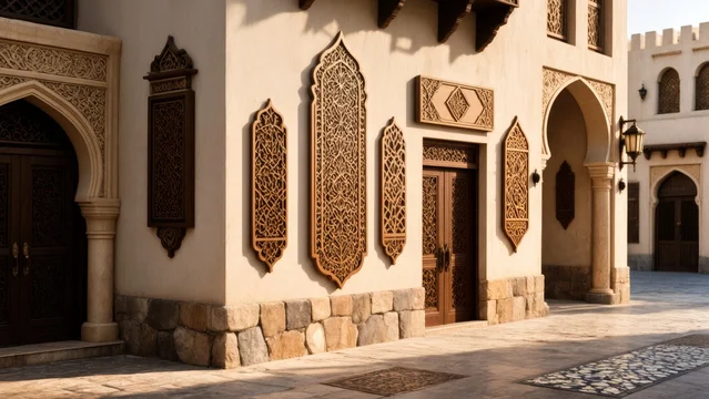 Traditional Wooden Arabic Sign on Stone Wall with Shadows