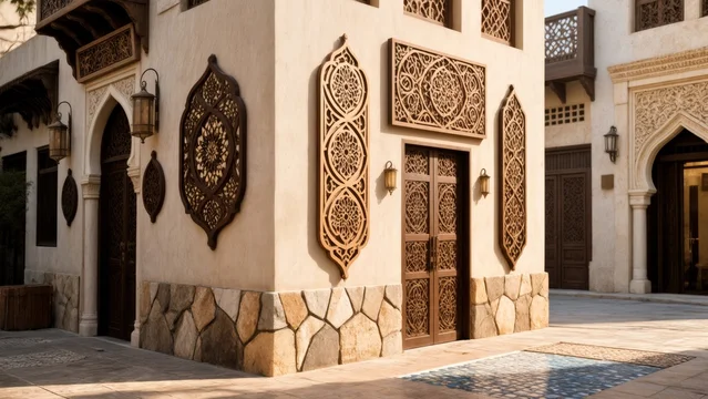Ornate Arabic Street Sign on Stucco Wall in Warm Sunlight