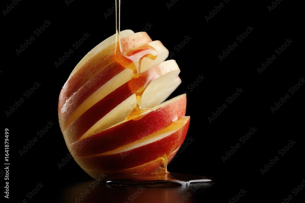 Poster sliced red apple drizzled with honey against a dark background showcasing texture and freshness