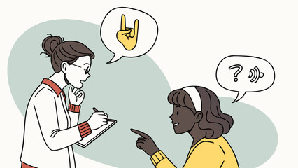 Two people communicating with speech bubbles showing hand gesture and question about hearing