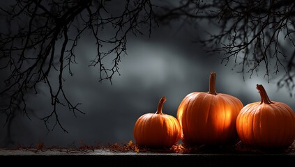Three pumpkins under bare branches against a dark, cloudy sky