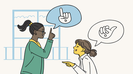 Two women communicating with hand signals in speech bubbles indoors near a window illustration
