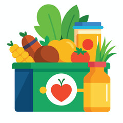 Colorful food donation box with fresh vegetables, fruits, and jars representing food assistance and nutrition support.

