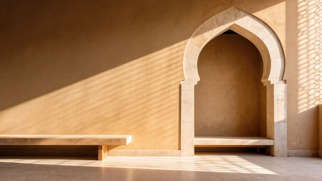 Sunlit Arabic Arch with Minimal Bench and Soft Shadows