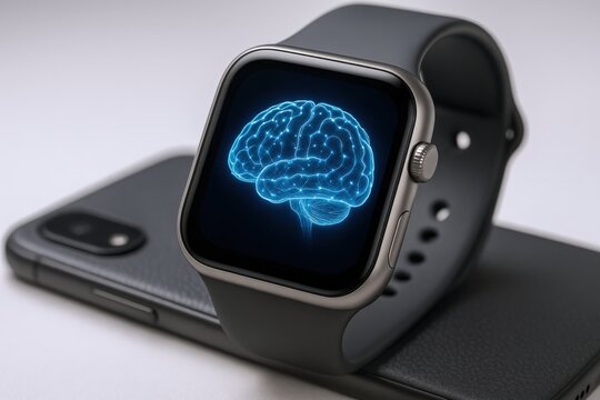 Smartwatch Displaying Brain Illustration Over Smartphone: Concept of Artificial Intelligence and Technological Innovation