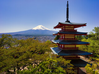 Chureito Pagoda with Mount Fuji on a clear spring day in Fujiyoshida, Japan