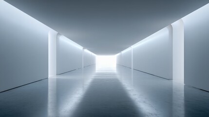 Minimalist White Corridor with Reflective Floor, Illuminated End Point, Modern Architectural Design, Abstract