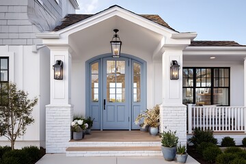 A front entrance of a home with a blue door, created using Generative AI, symbolizing warmth and welcome.