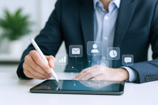 Businessman Using Digital Tablet with Emerging Business Icons, Representing Technology, Communication, and Growth - Powered by Adobe